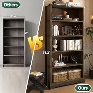 TVU 5 Tiers Wooden Bookshelf, 65.2" Tall Farmhouse Style Open Bookcase, 31.5" Wide Standing Book Shelf with Storage for Study Room, Living Room, Walnut Brown — photo 6 of 6