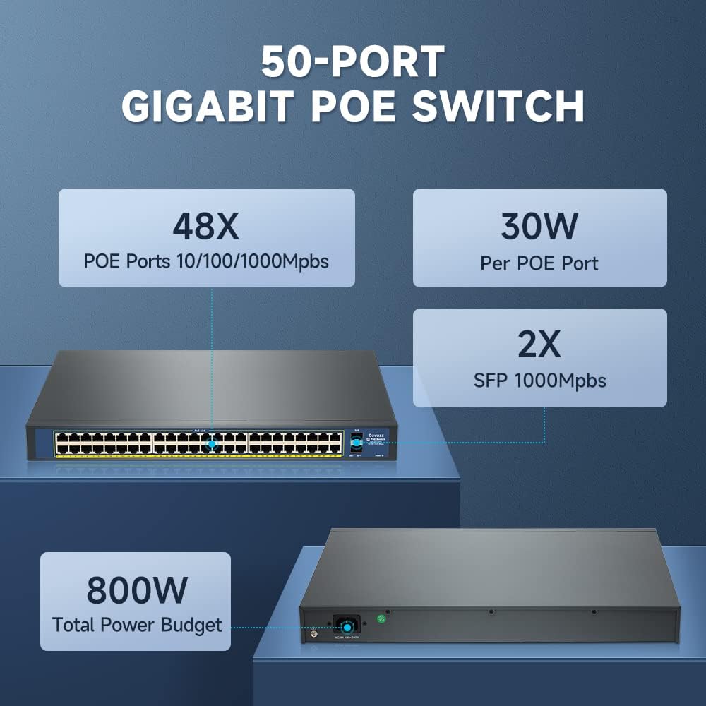 Commutateur Gigabit PoE avec 48 Ports PoE+ et 2 Ports Gigabit SFP, Conforme à la Norme IEEE 802.3af/at, jusqu'à 800 W, boîtier métallique, commutateur Power-Over-Ethernet Non géré, commutateur réseau
