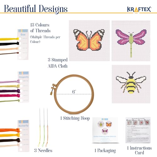 Image of Kraftex Floral Stamped Cross Stitch Kits for Beginners - 3 Pack. DIY Embroidery Needlepoint Patterns for Adults. Easy Cross Stitch Kits for Beginners (Garden Creatures)
