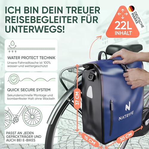 NATRYFE Fahrradtasche für Gepäckträger - 22L Volumen, 100% Wasserdicht & Robust - Mit Reflektoren...