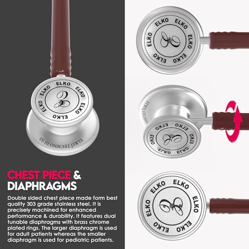 Image of ELKO TECHNO III SS Stainless Steel Stethoscope with ENGRAVING | Engrave Your Name or Initials on the Chest Piece | Lightweight Double-Sided Stainless Steel Chest piece | Two-Way PVC Tubing | Ideal for Doctors & Medical Students (Brown)