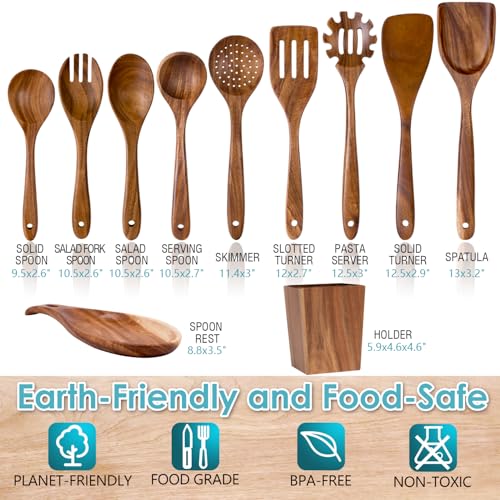 Wooden-Spoons-for-Cooking-Acacia-Wood-Cooking-Utensils-Set–11-Piece-Wooden-Kitchen-Tools-with-Holder-Spoon-Rest-Nonstick-Cookware-Safe-by-HOWHONG Wooden Spoons for Cooking Acacia Wood Cooking Utensils Set–11 Piece Wooden Kitchen Tools with Holder Spoon Rest Nonstick Cookware Safe by HOWHONG