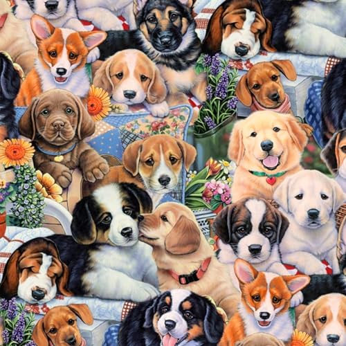 Garden Puppies Print 100% Cotton Fabric Material by The Yard for Sewing, by David Textiles, 44 Inches Wide