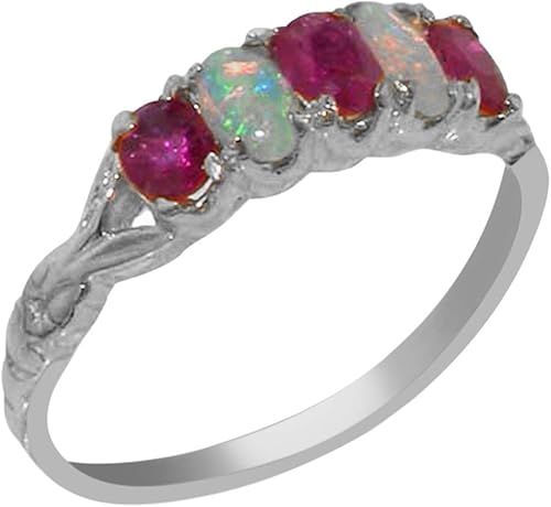 Anillo de aniversario de plata de ley 925 con rubí auténtico y ópalo para mujer, talla 8, Metal Gema, Rubí Ópalo