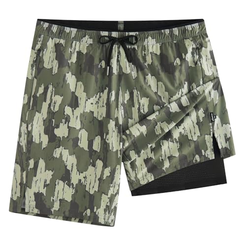 maamgic Mens Swim Trunks 9 with Zipper Pockets Quick Dry Board Shorts 4-Way Stretch Compression Lined Bathing Suits Effortless Flex for Beach Vacation Cruise Camouflage Green Large