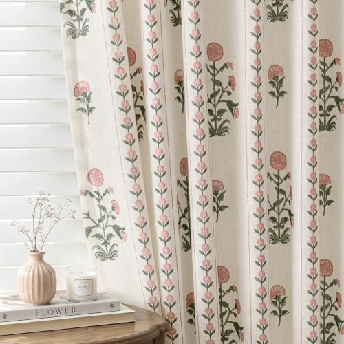 Slozzi Flower Pinch Pleated Linen Curtains for Living Room Bedroom Dining Room Light Filtering Memory Trained Luxury Block Print Pleat Drapes with Hooks Pink & Beige White 40 W x 96 L 2 Panels