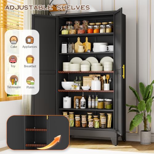 Image of winiowa 78.7 inch Tall Metal Pantry Cabinet, Kitchen Storage Organizer, Black | with 2 Doors and 5 Adjustable Shelves, Versatile Storage Cupboard for Kitchen, Laundry, Dining & Utility Room