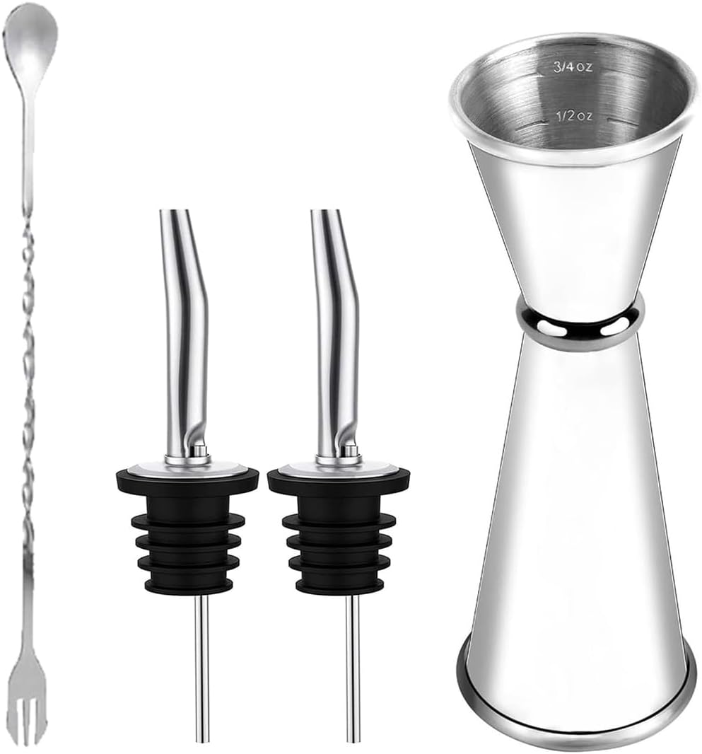 Double Cocktail Jigger Bartending Set Japanese Premium 304 Stainless Steel Jiggers 2 OZ 1 OZ with Measurements Inside Shot Measure Jigger with 2 Pourers &1 Bar Spoon Bartender Tool Accessories(Silver