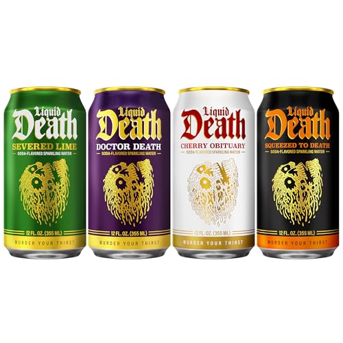 Image of Liquid Death Soda-Flavored Sparkling Water - Fan Favorites Variety, Less Sugar*, Huge Flavor, No Caffeine, No Artificial Sweeteners, 4 Flavors: Lime, Doctor Death, Cherry, and Orange, 12 Fl Oz (Pack of 12)