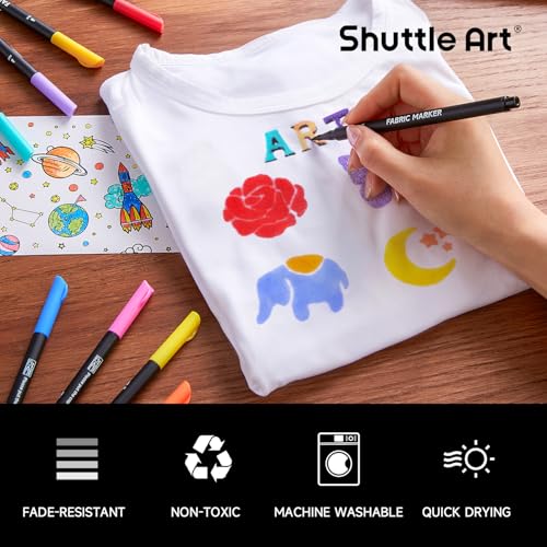 Image of Shuttle Art 36 Colors Fabric Markers, Permanent Markers for T-Shirts Clothes Sneakers Jeans with 11 Stencils 1 Fabric Sheet, Permanent Shirt Pens for Adult DIY Painting Writing