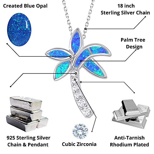 Beaux Bijoux Sterling Silver Simulated Opal Palm Tree Necklace For Women | Cz Diamond And Created Blue Opal Pendant Necklace With 18 Inch Silver Chain #TOP2