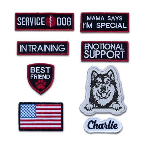 8 Packs Service Dog Patches for Harness, Custom Embroidered Dog Name Patches, Personalized Alaskan Malamute Dog Patches, Tags with Hook and Loop Patches for Dog in Training, Emotional Support
