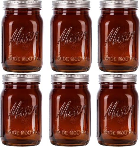 WELLIFE Amber Mason Jars 32 oz Canning Jars Wide Mouth Mason Jars with Lids