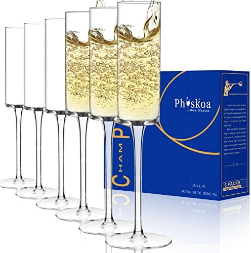 Physkoa Square Champagne Flutes Glass Set of 6-6.5 oz - Hand Blown Crystal Champagne Flutes - Modern Edge Champagne Glasses - Wedding Champagne Flutes Set - Gift for Birthday,Christmas,Party