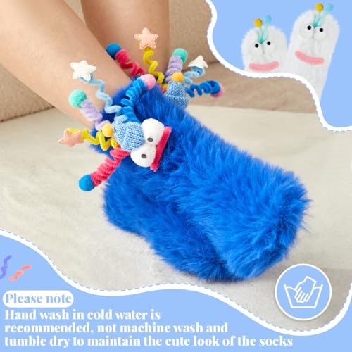 2 Pairs Coral Velvet Cartoon Monster Socks 3D Novelty Face Fuzzy Socks Thick Socks Winter Funny Warm Socks Cute Floor Socks for Women Men Couple Boyfriend Christmas Halloween Gifts3