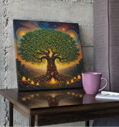 Image of Kunj Cart Kalpavriksha Tree Painting | 8+ DESIGNS | Kalpvriksh Tree Wall Painting | Lucky Tree Wall Art For Living Room, Bedroom and Office Decor | Canvas Painting for Wall Decoration (Design - C, 24x24 Inch, Framed)