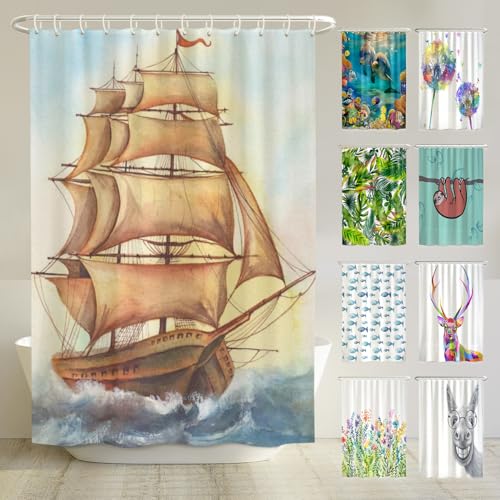 arteneur® - Wasserfarben Piratenschiff - Anti-Schimmel Duschvorhang 180x200 - Recycelt mit Öko-Tex Standard 100 - Beschwerter Saum, Blickdicht, Wasserdicht, Waschbar, 12 Ringe & E-Book