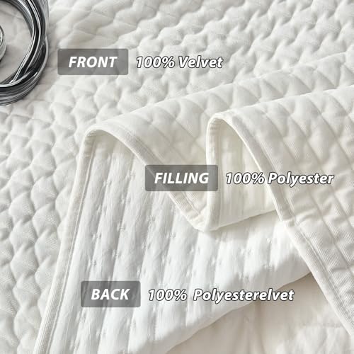 WARMDERN Luxury Velvet Quilt Set Queen Size, Cross Stitch Quilts Striped Bedding Set, Soft Lightweight Bedspread and Coverlet with 2 Pillow Shams for All Season, White, 90" x 96"