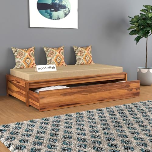 Image of Wooden Single Size Bed for Living Room, Drawing Room & Bedroom | Space Saving Wooden Cot /Palang /Diwan with Trundle Drawer Storage | Solid Sheesham Wood | Honey Finish