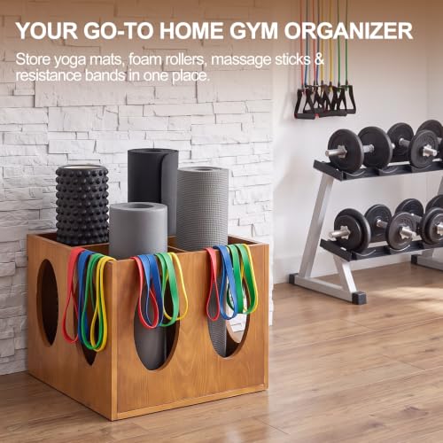 Image of Sintuff Vintage Wood Yoga Mat Holder Storage Organizer Floor Standing Foam Roller Holder Rack for Home Yoga Mats Gym Sports Exercise Accessories Dumbbell Resistance Bands
