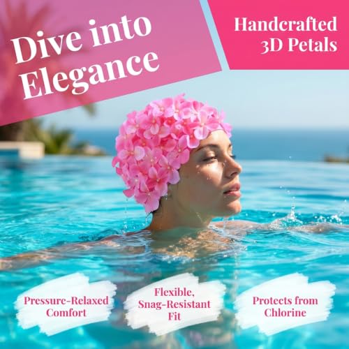 Image of Housoutil Flower Swimming Caps, Floral Swim Cap Women, Vintage Flower Swimming Hat with Handcrafted Petals, Soft Fabric Breathable Bathing Hat for Pool Spa Accessorizing (Pink)
