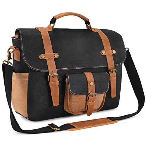 Bolso Hombre Bandolera Mensajero de Negocios Maletin Portatil 15.6 Pulgadas Piel Lona Cuero Genuino Impermeable,Negro