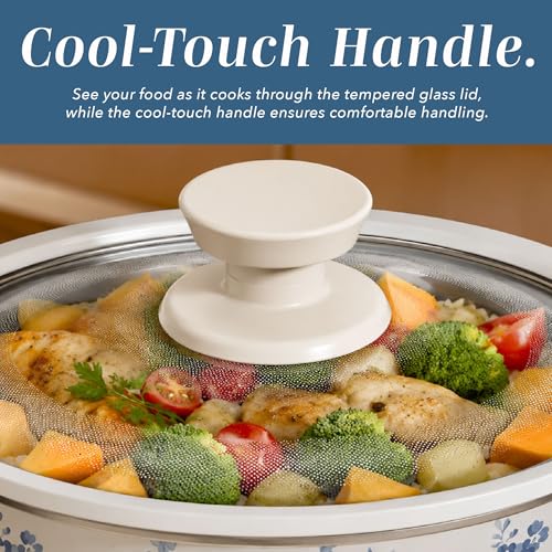 Image of COOK WITH COLOR 2QT Mini Electric Round Slow Cooker - Adjustable Settings, Removable Stoneware Pot, Tempered Glass Lid, Dishwasher Safe, Cool-Touch Side Handles, Floral Blue