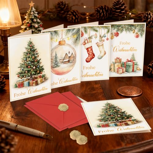 Weihnachtskarten Set 12 Stück mit Umschlägen und Stickern – 6 Aquarell Motive, Premium Grußkarten zu Weihnachten, Frohe Weihnachten Weihnachtskarte Klappkarten, Christmas Card Weihnachtspostkarten