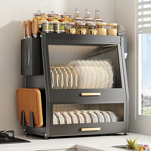 Escurreplatos de Gran Capacidad con Tapa,escurridor Lateral 3 Capas para Cubiertos Cocina,Mueble encimera restaurantes y comedores(Negro)