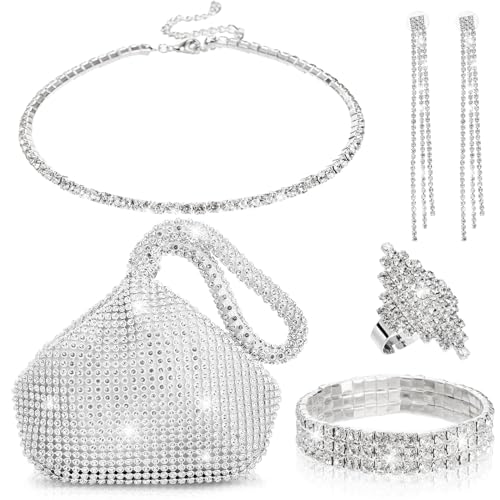 5 Pcs Rhinestone Silver Jewelry Set, Shiny Clutch Purse for Women, Silver Necklace Set, Wedding Jewelry, Bling Necklace Earrings Bracelet Ring for Women