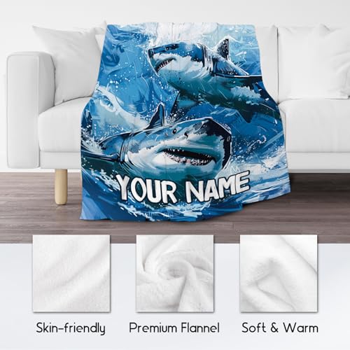 Custom Shark Blanket with Name - 60x80 Inches Cute Throw Blanket for Boys - Blue Soft Fuzzy Blankets for Bed, Couch & Living Room