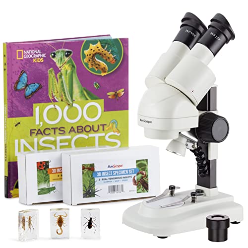 Amscope 20X-50X Portable Angled Head Stereo Microscope W/Deluxe 6Pc 3D Insect Specimen Kits, Nat Geo Insect Book And Optional Digital Camera #TOP17