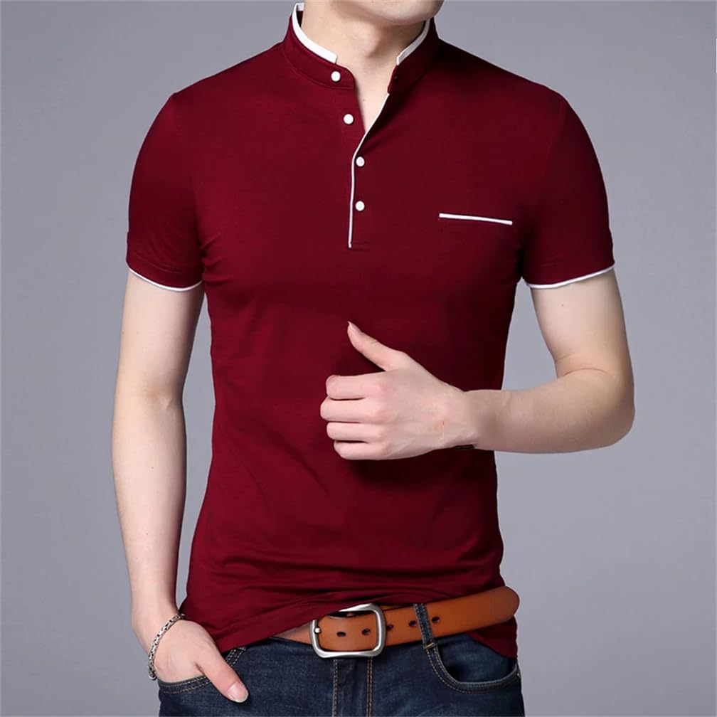 Męska koszulka ze stójką w jednolitym kolorze Slim Fit Button Casual T-Shirt Top