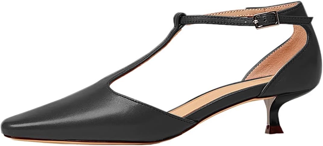 Women's Vintage Matte Leather Square Toe T-Strap Kitten Heel Pumps Shoes Comfort Solid Colour Closed Toe Dress Low Heel Sandals Shoes Black Size 8.5 - Image 3