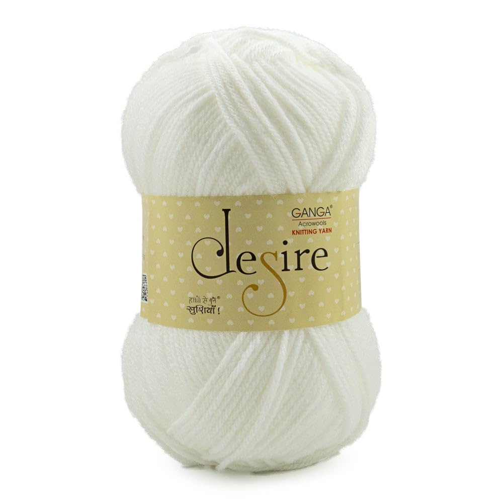 Ganga Acrylic Desire Knitting Yarn premium wool Ball (Pack of 1 ball - 100grams) idle for Hand Knitting and Crochet thread for Art&Craft, Baby Wear, Blankets, Ponchos Mufflers, Caps; Available in multi colours (DSR007 - White)