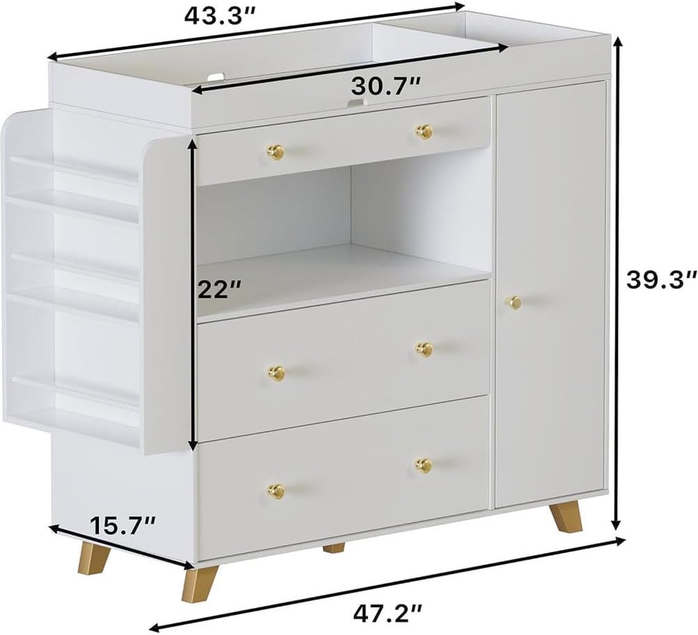 Changing Table Modern Dresser, Dresser for Nursery with 3 Drawers & Shelves, Waterproof Diaper Changing Station Small Basin& Trash Bin,Mobile Nursery Organizer