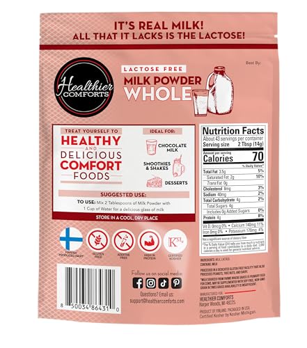 Healthier Comforts Lactose Free Whole Milk Powder | Non-GMO, rBST Hormone Free, Kosher, Gluten Free, No Fillers | Baking, Coffee Creamer, Shakes, Pantry Staple, Camping | Makes 2.5 Gallons (21 oz)