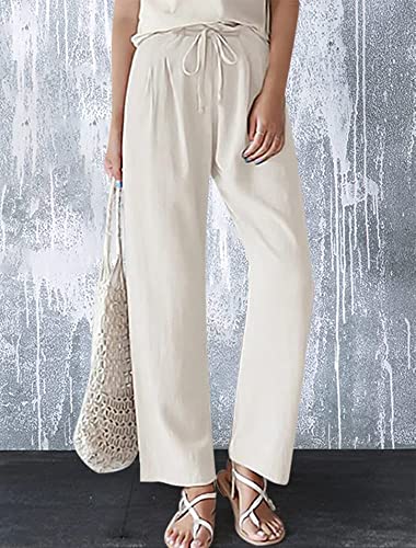 GLIENST Ladies Capris Fashion Casual Soft Mid Rise Palazzos Pants Drawstring SweatPalazzos Pants Elastic Waist Comfy Loose Trouser for Women White S