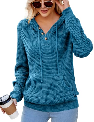 Image of VIMPUNEC Womens Fall Hoodie Sweater Long Sleeve Hooded Top with Pocket | V Neck, Button, Adjustable Drawstring, Waffle Knit, Loose Fit, Ribbed, Kangaroo Pocket