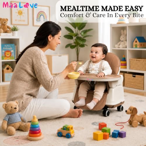 Image of Maa Love 4-in-1 Baby High Chair for 0-5 Years, Adjustable Height Feeding Chair with Detachable Tray, One-Hand Fold, Multifunctional High Chair (Brown)