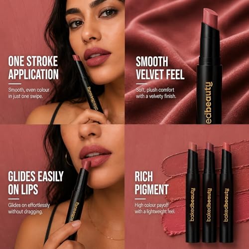 Image of BAKED BEAUTY Super Matte Lip Cream Crayon Pack of 3 Lipstick for Women | Long-Lasting 8 Hours Stay Non Transfer Retractable | Smudge Proof & Waterproof Lipstick Enriched with Jojoba Oil & Vitamin E 7.5g Lip Eclair