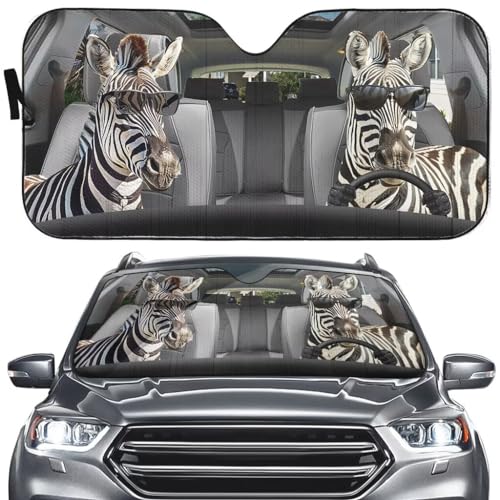 Funny Animal Zebra Driving Car Sunshade,Animal Lover Personalized Sunshade,Auto Sun Shade,UV Rays Reflective Blocks for Car SUV Truck(57x27.5 inchs)