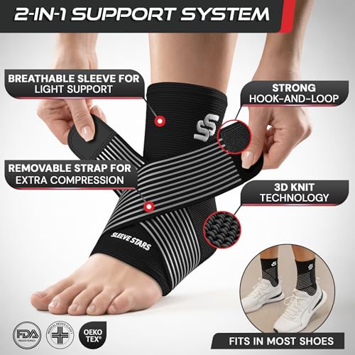 Image of Sleeve Stars Ankle Brace for Women & Men, Ankle Wrap for Sprained Ankle, Compression Sleeve for Plantar Fasciitis Relief, Easy Customizable Support: w /Removable Strap (Pair /M:10 inch-12 inch /Black)