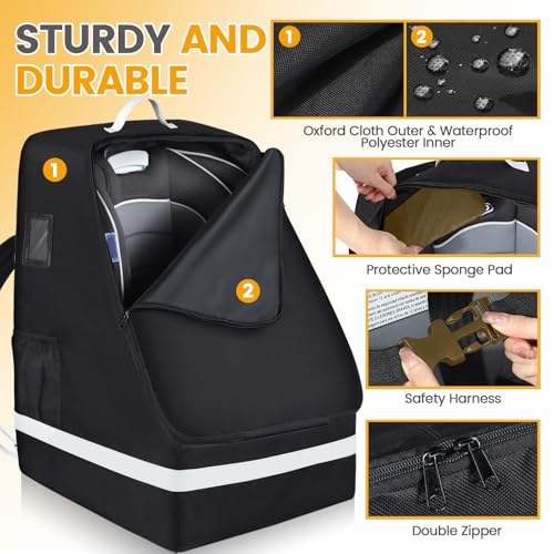 Image of Orzbow Padded Car Seat Travel Bag for Airplane, Carseat Backpack Bags with Reflective Stripes, Infant Seat Travel Bag with Shoulder & Waist Strap, Car Seats Carrier for Airport Gate Check, Black