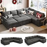 SUAWY 108 Inch Sectional Sleeper Sofa with Pull Out Bed, U Shaped 7 Seat Modular Sectional Sofa with Storage, Sectional Couches for Living Room, Cloud Modular Couch,Removable Sofa Cover, Dark Grey