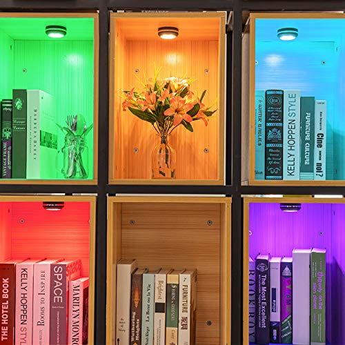Elfeland Puck Lights Battery Operated Under Cabinet Lighting, LED 16 Color Changing Puck Lights with Remote Control & Timing, Dimmable LED Closet Lights for Kitchen Cabinet and Closet (6 Packs)
