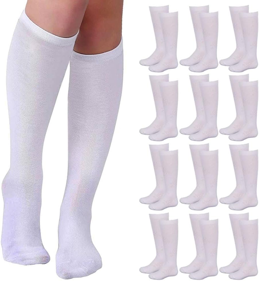 12 Pairs Knee High Socks Girls School Uniform Kid Athletic Tube White Size M 4-6 Childrens Kids Sox Casual Dress Outdoor Sports Athletic Stocking Boots Comfort Style Calf Long Trouser Fashion Tights