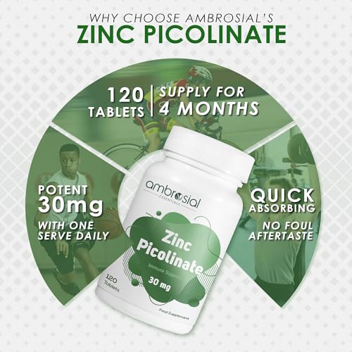 Image of Ambrosial Zinc Picolinate 30mg, High Strength Zinc Supplements, Best Tablet for Immune Support, Bones, Hair, Skin, Nails, Supplement for Men & Women, Pack of 1-120 Tablets.