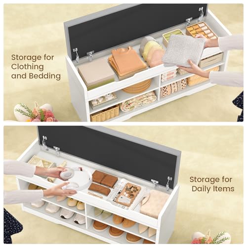 Image of 3-Tier Storage Bench, 47.2 inch Wide Shoe Bench with Lift Top Storage & 2 Adjustable Shelves, Entryway Bench with Padded Seat Cushion, Shoe Cabinet Bench for Entryway, Living Room, Bedroom (White)