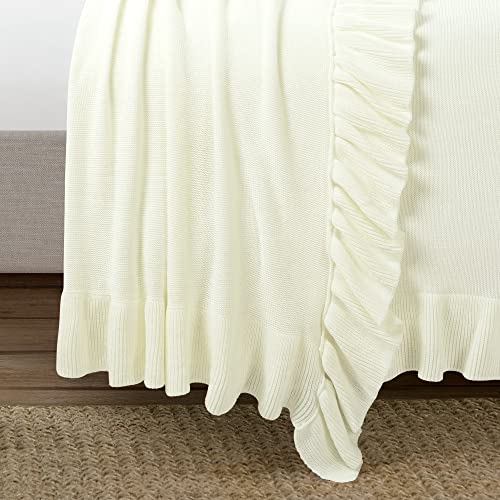 Image of Lush Decor Reyna Soft Knitted Ruffle Throw Blanket, 104 inch W x 88 inch L, Ivory - Classic Ruffled Bedding - Knit Blanket - Cozy Oversized Blanket For Bed or Couch - Vintage, Minimalist & Cottage Home Decor